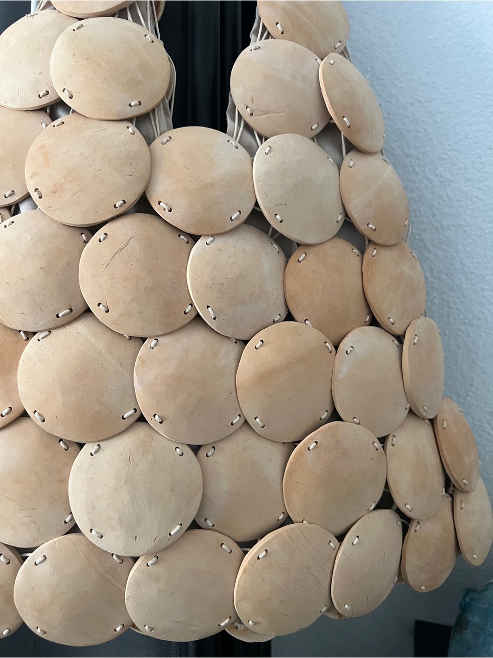 COCONUTS SHELL Handcrafted Round Disc Tote Bag in Natural Tan Made in BALI - Picture 4 of 7